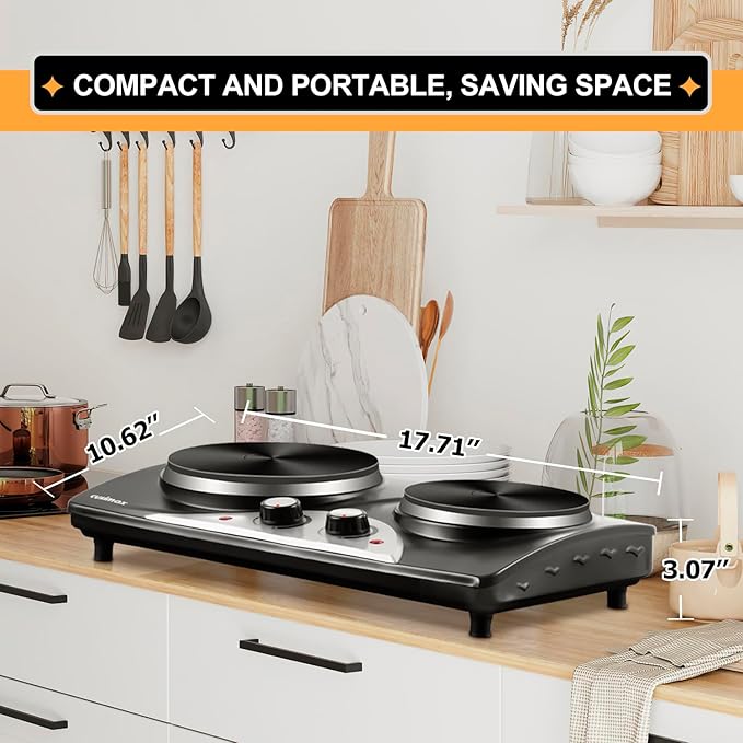 Hot Plate, CUSIMAX Electric Burners for Cooking, 1800W Double Burner, Hot Plates for Countertop Burner, Portable Cast Iron Hot Plates with Dual Adjustable Temperature, Easy to Clean