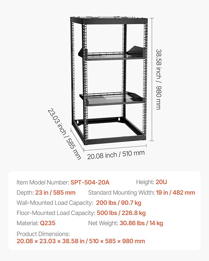 VEVOR 20U Server Rack, Open Frame Network Rack,4-Post Floor Standing or Wall Mounted, Includes 2PCS Vented 1U Rack Shelves & Mounting Hardware, Computer Wall Rack for 19" IT/AV Equipment