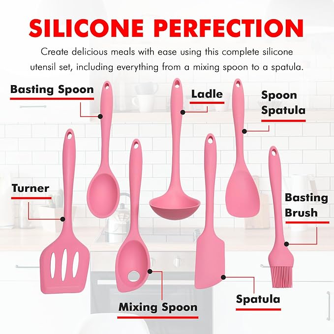 Chef Craft - Premium Silicone Kitchen Tools and Utensils Set, Non-Scratch, Withstands Temperatures up to 450°F, BPA-Free, 7 Piece Cooking Utensils Set, Pink