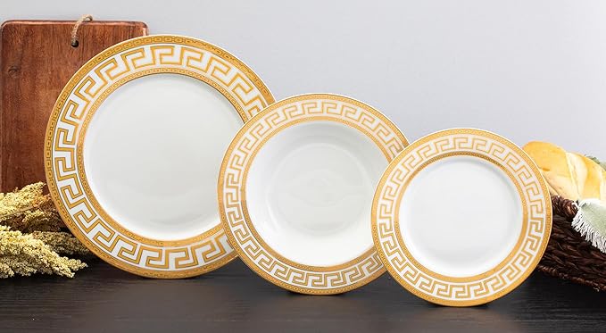 Porcelain Dinnerware Set for 4-12 Piece Gorgeous Dish Set - Gold Greek Key Inspired Design - Kitchen Set for Everyday Dishes or Formal Occasions (Meander Gold 12DIN)