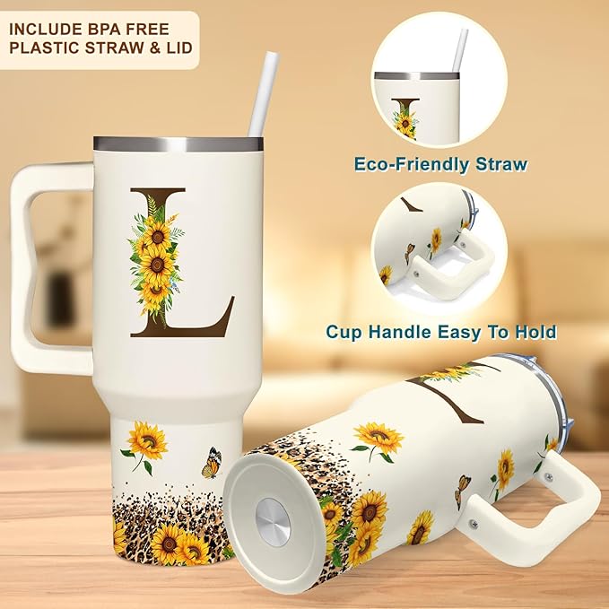 Personalized Birthday Gifts For Women - Sunflowers Monogrammed Cup For Boss Day, Christmas - Customized Gifts For Women, Mom, Wife, Coworkers, Boss Lady, Her - Custom Tumbler With Handle 40oz