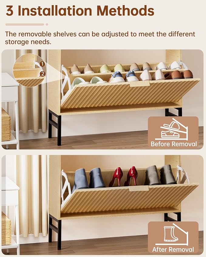 Fluted Shoe Cabinet, Shoe Storage Cabinet for Entryway with 2 Flip Drawers, Hidden Shoe Organizer with Metal Leg, Mid-Century Modern Narrow Shoe Rack for Living Room (Nature)
