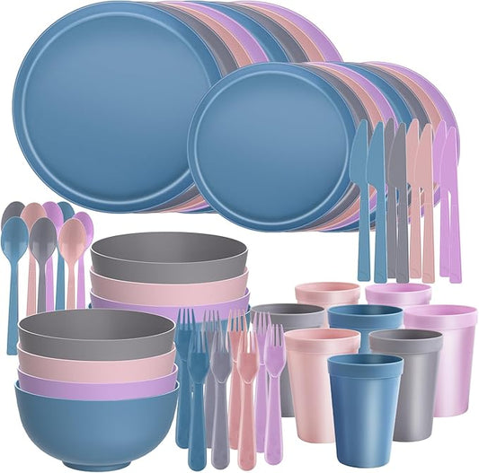 40 Piece RV & Camping Dinnerware Set, Elegant Ceramic-Look Large Bowls & Plates, Unbreakable & 100% Microwave Safe, Melamine Alternative Service for 8, Pastel