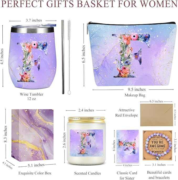 Personalized Gifts Monogrammed Birthday Gifts for Women, Aunt Grandma Retirement Christmas Initial Wine Tumbler Makeup Bag Scented Candle Bracelet Set, (Aesthetic Purple Flower F)