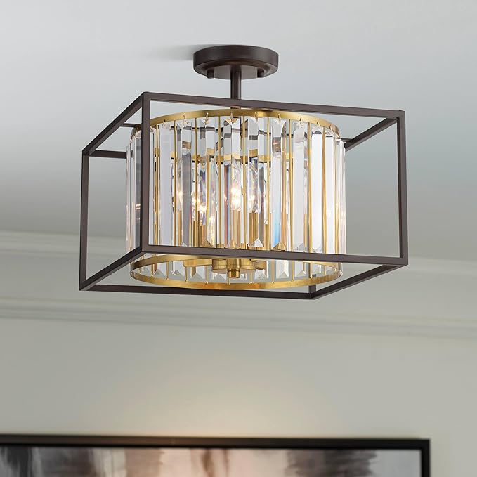 Possini Euro Design Milne 14" Modern Semi Flush-Mount Ceiling Light Fixture Kitchen Foyer Hallway Round 4-Light Brown Bronze and Brass Finish Crystal Bedroom Bathroom Entryway Living Room Small