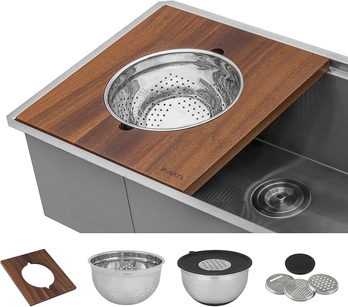 Ruvati 33-inch Undermount Workstation Kitchen Sink – 16 Gauge Stainless Steel kitchen Sink Single Bowl with Cutting Board & Accessories, Brushed Finish Hides Scratches – RVH8222