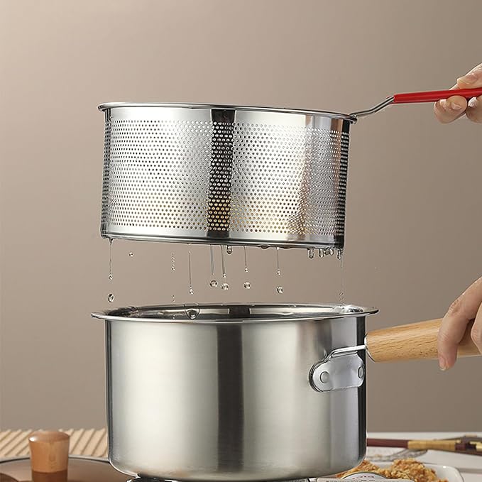 Pasta Strainer Set of 2, Stainless Steel Noodle strainer with Removable Handle Metal Pasta Strainer Basket Deep Fryer Basket, Kitchen Colander for Washing Draining Deep-frying Boiling Steaming(20cm)