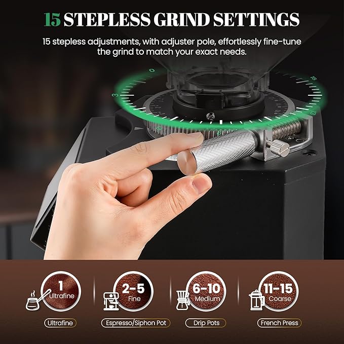 Huanyu Commercial Coffee Grinder with 74mm Flat Burr Reinforced 53oz Bean Hopper (40% Thicker), 15 Stepless Grinds, Touch Screen Black