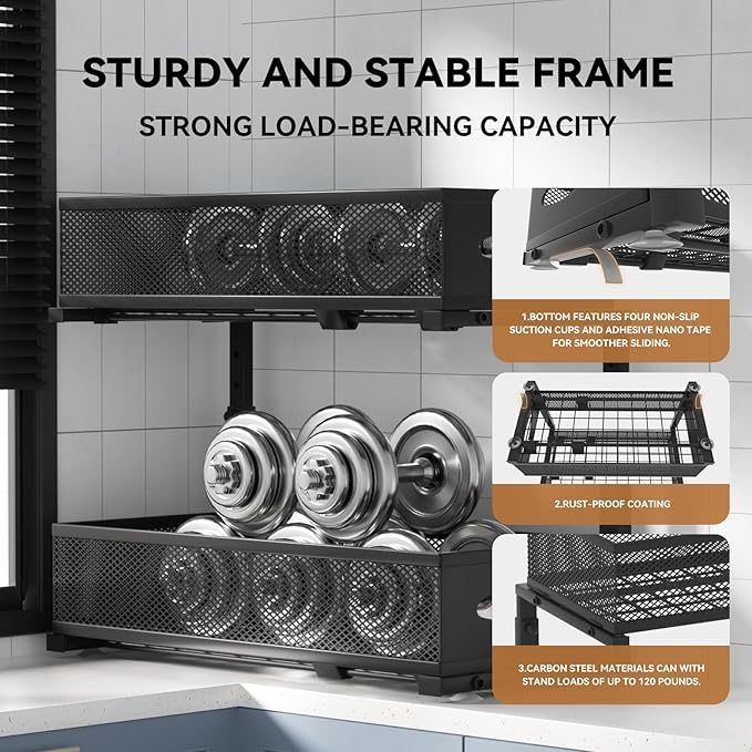 2 Pack Under Sink Organizer,2 Tier Pull Out Sink Shelf,Cabinet Organizer Shelves,Under Sink Shelf,Metal Sliding Drawer Storage for Kitchen Bathroom,Height Adjustable,Black