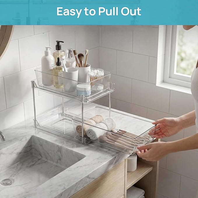 Bathroom Organizers and Storage,2-Tier Clear Under Sink and Pull-Out Cabinet Organizer with Track for Kitchen, Pantry,Vanity Countertop,Medicine Cabinet,Closet Drawers Bins