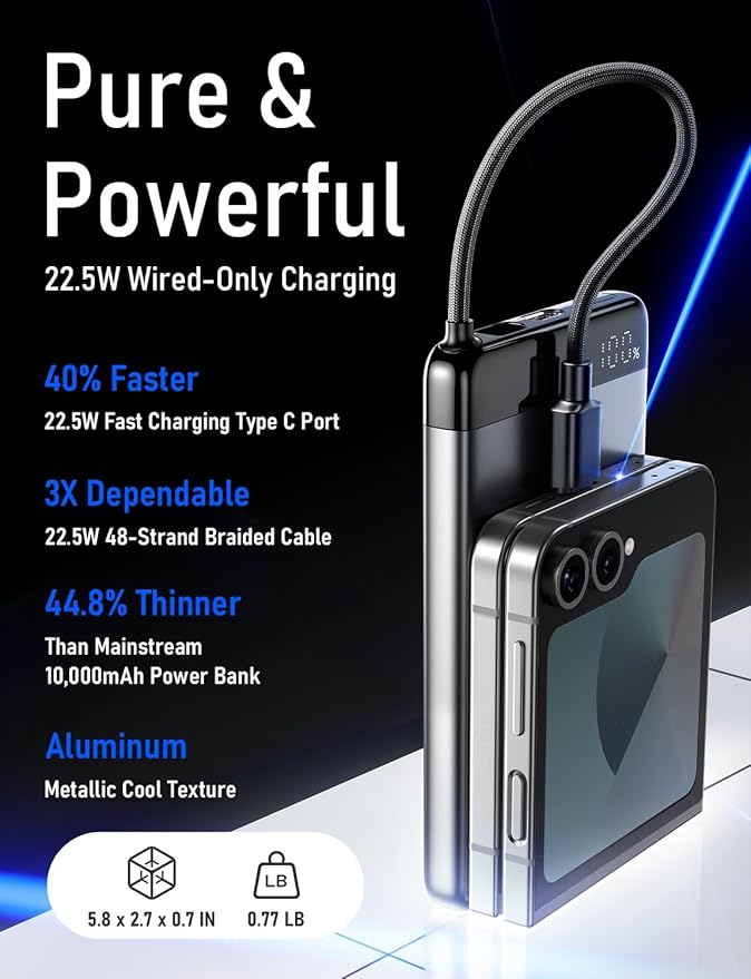 LISEN 10000mAh USB C Portable Charger Power Bank with Built in Cable, CCC Certified Power Bank Fast Charging 22.5W, Portable Phone Charger USBC Portable Charger iPhone 17/16/15 Pro Max Samsung S25/S24