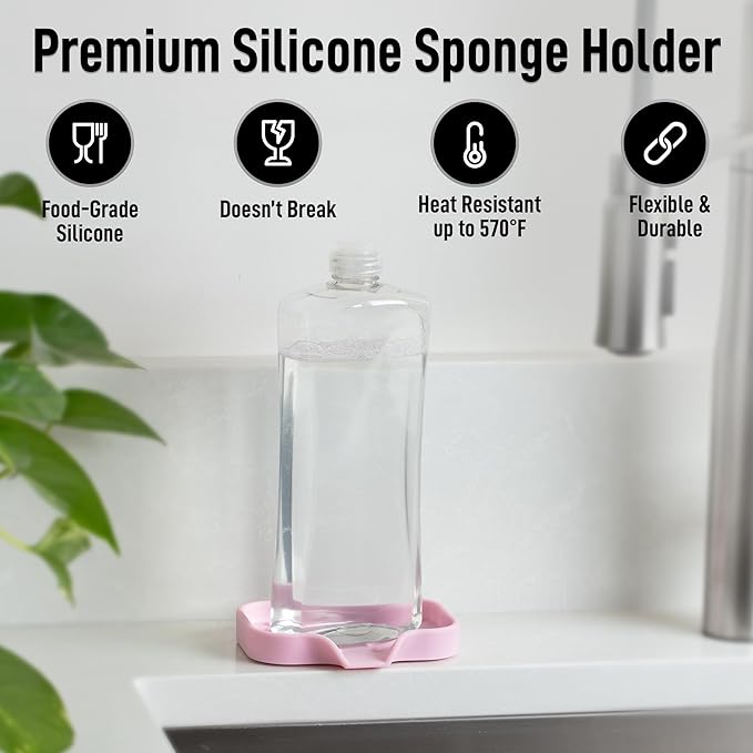 Zulay Kitchen Small Silicone Sponge Holder (4.9x3.3”) – Space-Saving Sink Organizer Tray for Sponge, Soap, Brush & More – Compact Non-Slip Dish for Kitchen & Bathroom (Pink)