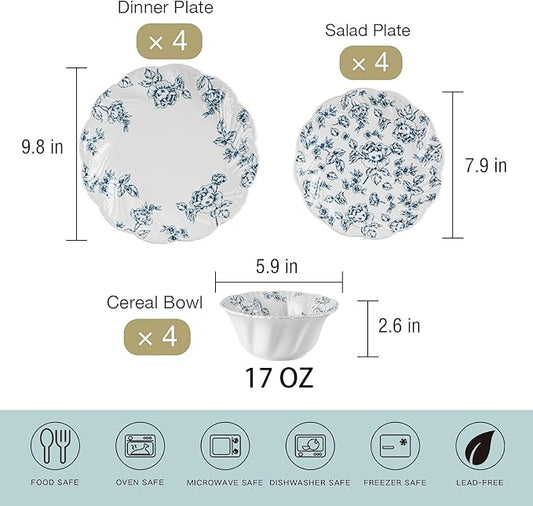 Ceramic Dinnerware Set 12-Piece Scalloped Edge Dish Set for 4 Vintage Blue Floral Elegant Kitchen Dinner Plates Bowls for Daily Use & Party Microwave & Dishwasher Safe (Blue)