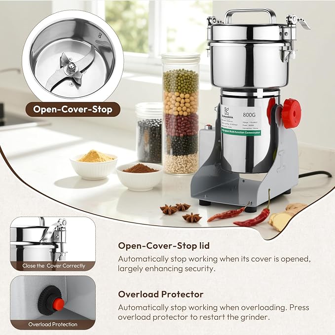 Electric Grain Mill Grinder-800g 110V 3000W Performance Grain Mill,Suitable for Kitchen, Household,Commercial Use of Crushing Dry Grains,Spices,Herbs,Coffee,Corn,Pepper Grinder.(800g)