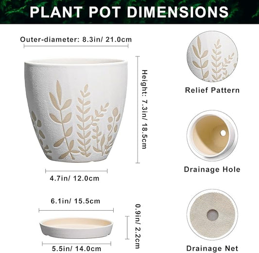8 Inch Plant Pot with Saucer - Ceramic Planter with Drainage for Indoor Plants, Boho Round Flower Pot, Desk Room Home Office Decor, Housewarming Gift, White