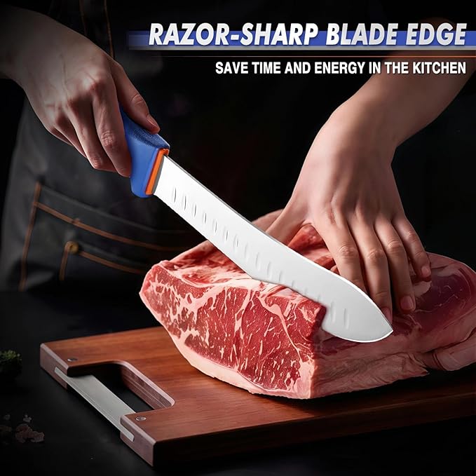 DRAGON RIOT 6 Pcs Butcher Knives Set, Meat Processing Knife Set for Brisket Trimming with German Stainless Steel and Blue Non-slip Handle Gift for Men