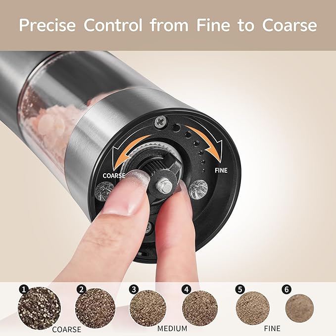 Electric Salt and Pepper Grinder Set, Gravity Operated, USB-C Rechargeable & Charging Base, Stainless Steel, Dual LED Guiding Lights, Comfortable Grip, Adjustable Coarseness, Perfect for Kitchen