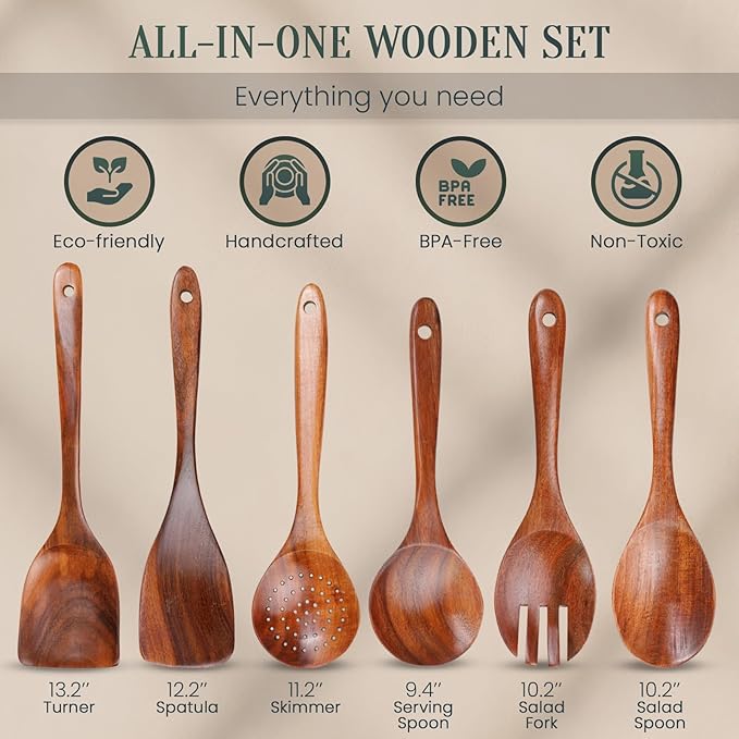 6-Piece Teak Wood Utensil Set – Durable Natural Teak with Smooth, Sealed Finish – Gentle on Non-Stick Cookware for Everyday Stirring, Mixing, Serving and Cooking