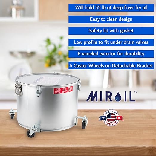 MirOil Oil Disposal Caddy with Caster Wheels (7 Gallon) – Heavy Duty Silver Filter Pot with Lid Lock for Commercial Kitchen Disposal Storage - Up to 55lb Grease Container for Kitchen - Model #60LC