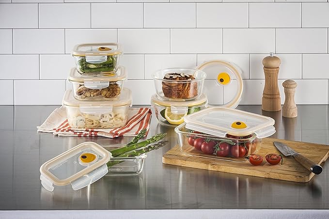 LOCK & LOCK Purely Better Glass Food Storage Container with Steam Vent Lid, Round-32 oz, Clear