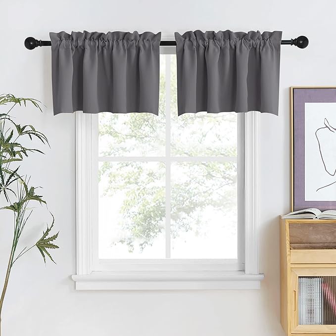 NICETOWN Valance Curtain Kitchen Farmhouse Window Valances for Living Room Adjustable Rod Pocket Small Blackout Valances for Bedroom Bathroom 18 Inch Length + 1.6 Inch Header, 1 Pair, 42" Wide, Grey