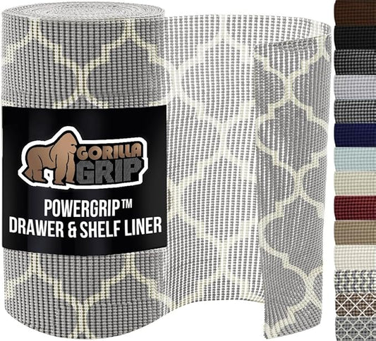 GORILLA GRIP powerGRIP Drawer Shelf and Cabinet Liner, Thick Strong Hold, Non-Adhesive Liners Protect Kitchen Cabinets and Cupboard, Bathroom Drawers, Easy Install, Breathable Mat, 20" x20', Gray