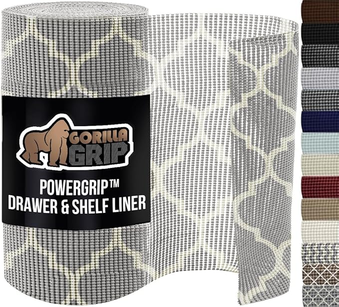 GORILLA GRIP powerGRIP Drawer Shelf and Cabinet Liner, Thick Strong Hold, Non-Adhesive Liners Protect Kitchen Cabinets and Cupboard, Bathroom Drawers, Easy Install, Breathable Mat, 20" x30', Gray