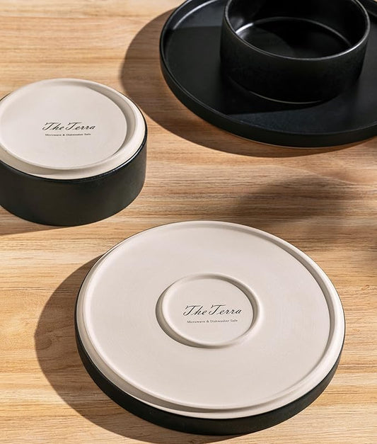 TheTerra Ceramic Dinnerware Sets for 4, 12 Pieces Handmade Reactive Glaze Plates and Bowls Set, Scratch Resistant Dish Set, Oven & Microwave & Dishwasher Safe, Matte Black