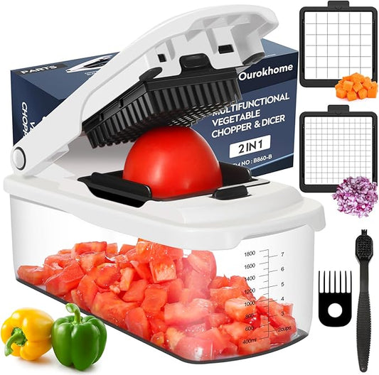Ourokhome Chopper Vegetable Cutter with Container, Manual Hand Food Onion Dicer with 2 Chopping Blades for Potato Strips, Veggie Cubers, Carrot Sticks, Essential Kitchen Gadgets (2 in 1, White)