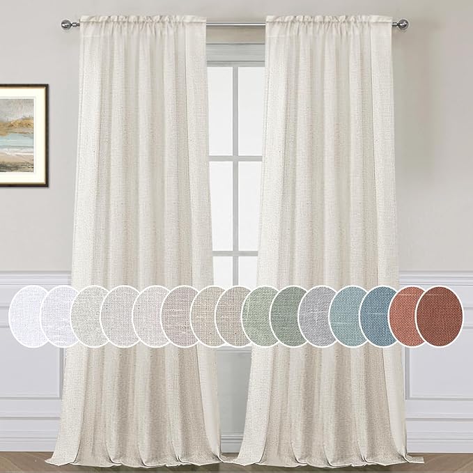 H.VERSAILTEX Natural Linen Curtains 108 Inches Long for Living Room 2 Panels Rod Pocket Draperies Soft Cotton Textured Semi Sheer Linen Curtains for Large Window Vertical 9 FT Tall, Heathered Natural