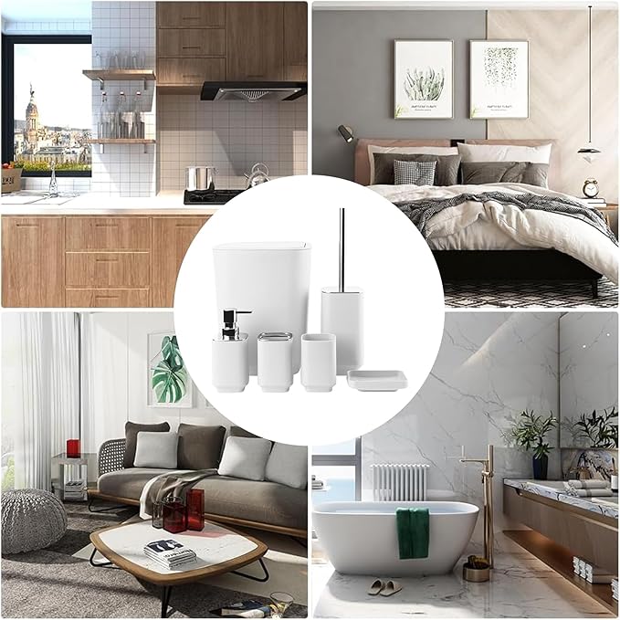 Bathroom Accessory Set 6 Piece Bathroom Accessories Set with Toothbrush Holder&Cup,Soap Dispenser& Dish,Toilet Brush Holder,Trash Can Plastic Gift Set for Bathroom Decorative Countertop（White