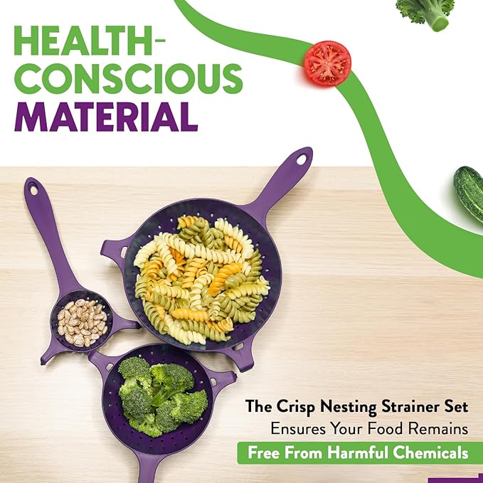 Crisp 3 Piece Nesting Strainer Set - Plastic, Durable Kitchenware, Dishwasher Safe - Made in the USA - Purple