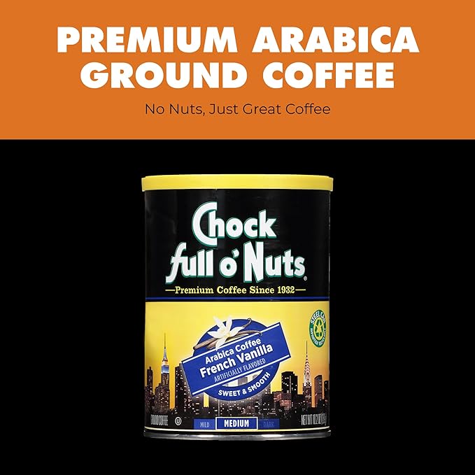 Chock Full o' Nuts French Vanilla Ground Coffee – Premium Beans in Recyclable Steel Can – Rich Flavor & Aroma, Medium Roast – Perfect for Drip, Pour-Over, Percolator – 10.2 Oz Can