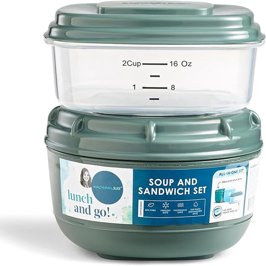 Rachael Ray Soup & Sandwich Container For Lunch, Hot Soup Lunch Container For Adults, Reusable Soup Bowl With Container For Sandwich or Toppings, Includes Removable Ice Pack, Hot or Cold Food Storage