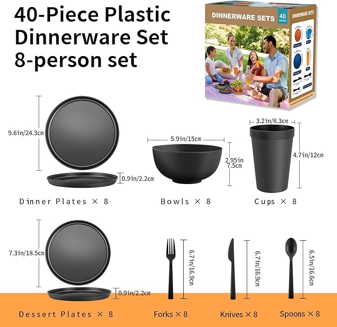 40 Piece RV & Camping Dinnerware Set, Elegant Ceramic-Look Large Bowls & Plates, Unbreakable & 100% Microwave Safe, Melamine Alternative Service for 8, Black