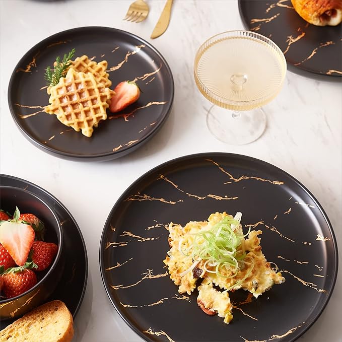 Black Gold Splash Dinnerware Sets, Marble Porcelain Plates and Bowls Sets, Modern Luxury Dish Set for 4, 12 Pieces Fine China Plates Set for Formal Dinners and Anniversaries