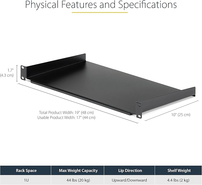 StarTech.com 1U Fixed Server Rack Mount Shelf - 10in Deep Steel Universal Cantilever Tray for 19" AV/ Network Equipment Rack - Heavy Duty Steel - Weight Capacity 44lbs/20kg, Black (CABSHELF1U10)