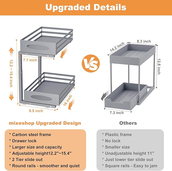 Under Sink Organizer, 2 Tier Under Sink Organizers and Storage, Adjustable Height, Slide Out Metal Cabinet Organizers, Pull Out Cabinet Storage Drawer Shelf for Kitchen Bathroom