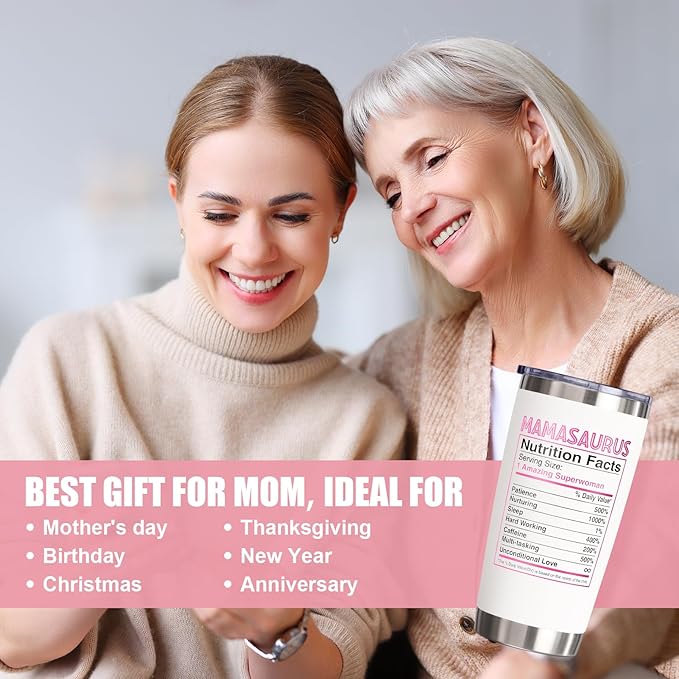 Gifts for Mom, Christmas Gifts from Daughter Son, 20 OZ Tumbler Best Birthday Gifts for Mama Mother-in-Law Wife Mother to Be, Mamasaurus Insulated Cup with Handle New Mom Gift for Wife from Husband