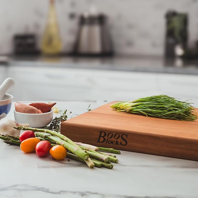 John Boos R-Board Series Rectangular Wooden Cherry Cutting Board 18”x12” – 1.5” Thick, 7-lb Reversible Butcher Block with Edge-Grain & Finger Grips – Made in the USA