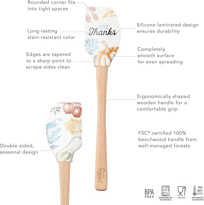 Tovolo Spatulart ‘Give Thanks’ Thanksgiving Silicone Spatula with Wood Handle – BPA Free, Heat-Resistant, Ideal for Baking, Mixing & Meal Prep