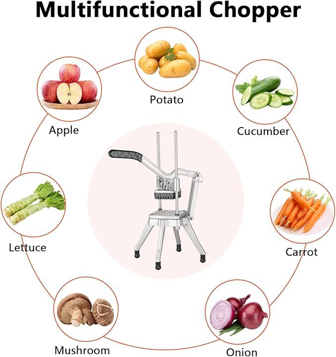 ROVSUN Commercial Vegetable Chopper French Fry Cutter Stainless Steel w/ 4 Sizes Blades, Fruit Potato Slicer, 1/2", 3/8", 1/4" & 8-Wedge Blades and Pusher Blocks for Restaurants, Home & Kitchen
