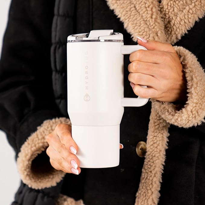 HydroJug Coffee Traveler 20 oz - Leak-Resistant, Ceramic-Lined Insulated Travel Coffee Mug for Hot or Cold Drinks with Flip Lid & Handle, Dishwasher Safe Coffee Tumbler, Linen