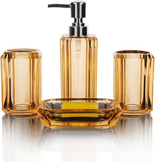 4 Piece Premium Acrylic Bathroom Accessory Set, Hand Sanitizer Bottle, Lotion Can Bathroom Suit, Separate Bottle Soap Box, Mouthwash Cup, Toothbrush Cup (Champagne Gold)