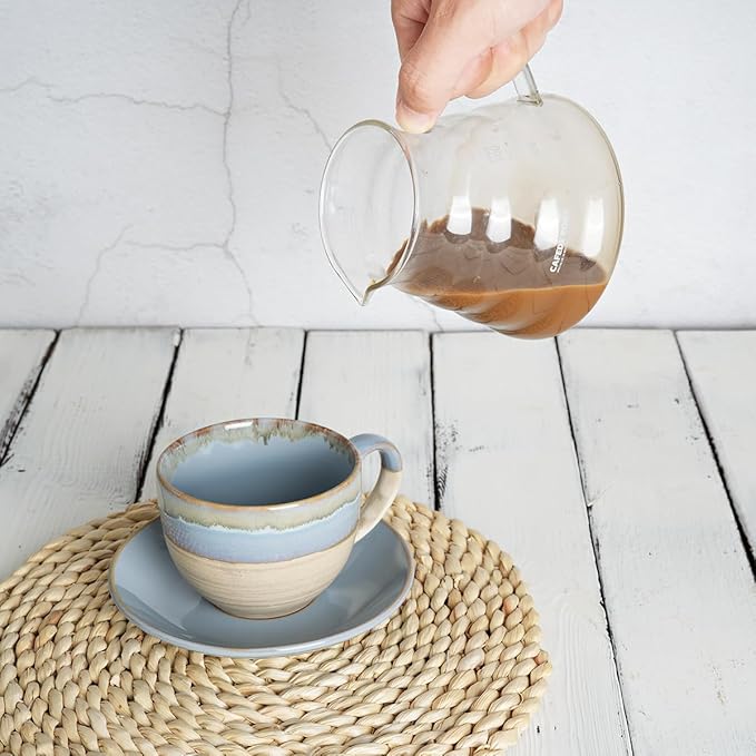 Bosmarlin Ceramic Cappuccino Cup and Saucer Set of 2, 10 Oz, Coffee Cups for Latte, Espresso, Tea, Dishwasher and Microwave Safe, Reavtive Glaze (Light Blue)
