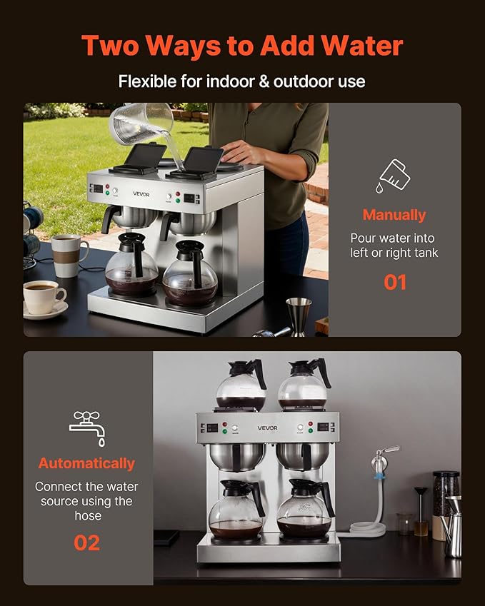 VEVOR Commercial Drip Coffee Maker, 24 Cups Coffee-Maker Machine with 4 Glass Carafes and 4 Decanter Warmer Plates, Stainless Steel Dual-Head Coffee Brewer, for Restaurant, Office, Coffee Shop & Home
