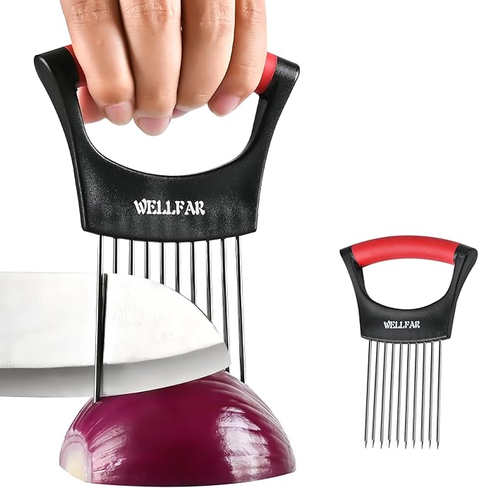 【2 PCS】Onion Slicer Holder - Onion Holder for Slicing, Vegetable Chopper & Cutter Tool for Potato, Lemon, Tomatoes, Stainless Steel Kitchen Gadget with Guide Rack, Meat Prep & Food Essentials.