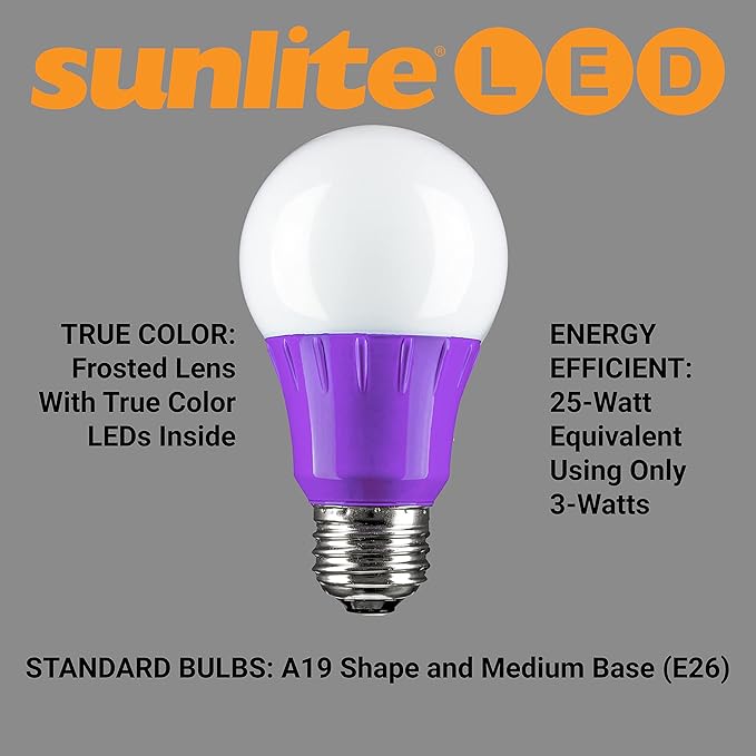Sunlite LED A19 Colored Light Bulb, 3 Watts (25w Equivalent), E26 Medium Base, Non-Dimmable, UL Listed, Party Decoration, Holiday Lighting, Purple, 1 Count