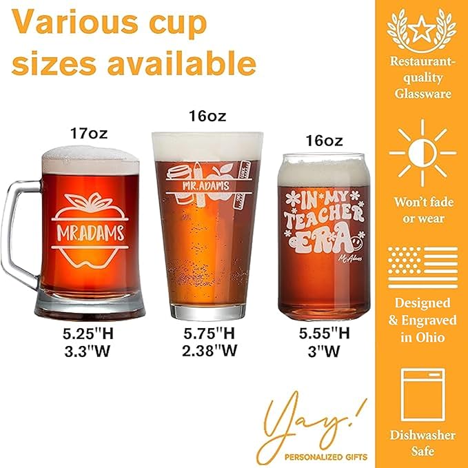Personalized Teacher Gifts, Custom Beer Glasses for Women, Teachers Appreciation Gift, Engraved Funny Gift for Preschool Elementary High School Teacher Professor