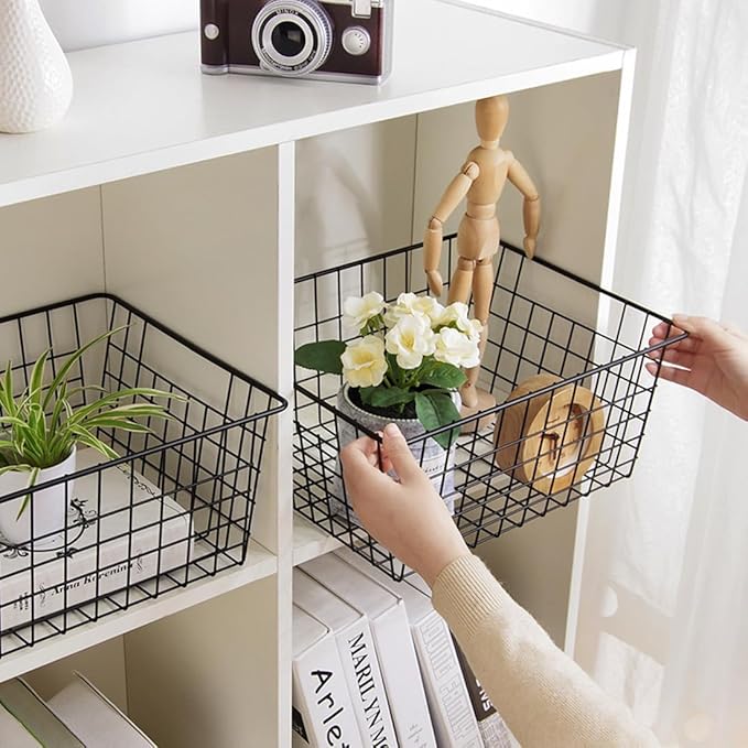 Kitchen Wire Baskets Farmhouse Decor Metal Food Storage Organizer,Household Refrigerator Bin with Built-in Handles for Cabinets,Pantry,Bathroom,Black